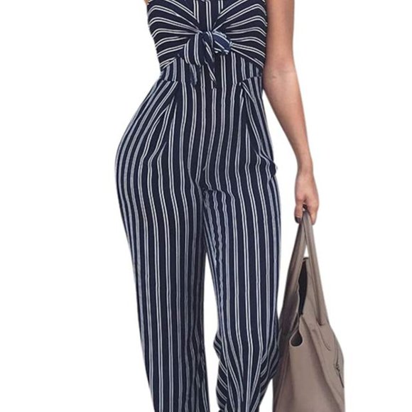 Navy Blue & White Striped Sleeveless Jumpsuit Tank - Picture 4 of 16
